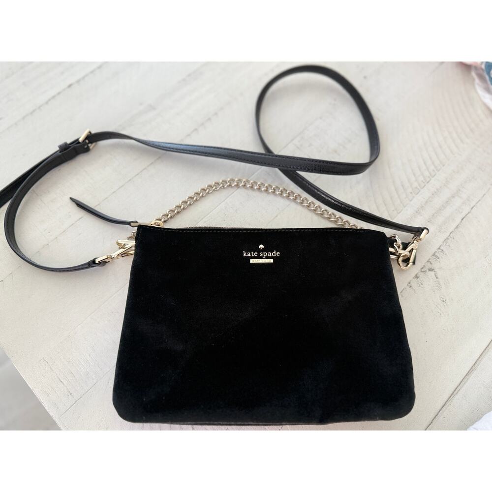 Kate Spade Black Velvet Crossbody Purse with Gold Chain Strap